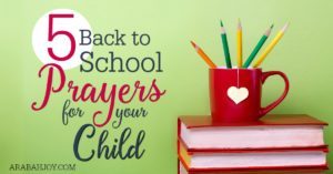 image with a light green background, red books and a red cup with brightly colored pencils in it with an overlay that reads 5 back to school prayers for your child