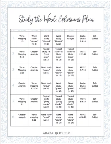 Bible Study Plan for the book of Ephesians. This six week plan will take you through the book using 7 different methods.